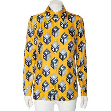 Pre Owned Gucci Yellow Cube Printed Silk Bow Tie Detail Shirt S