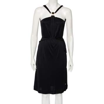 Pre Owned Gucci Black Crepe Buckle Neck Detailed Wrap Dress M