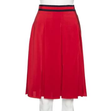 Pre Owned Gucci Red Silk Web Stripe Detailed Pleated Short Skirt S
