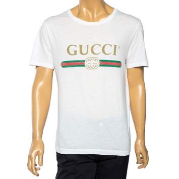 Pre Owned Gucci White Logo Printed Cotton Short Sleeve T-Shirt S