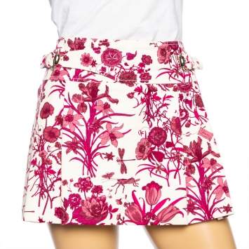 Pre Owned Gucci Cream & Burgundy Floral Printed Cotton Mini Skirt M