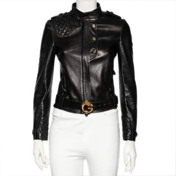 Pre Owned Gucci Black Leather Belted Jacket S