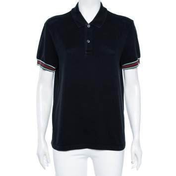 Pre Owned Gucci Black Cotton Pique Web Stripe Trimmed Polo T-Shirt XL