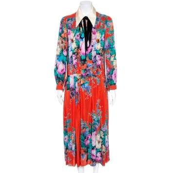 Pre Owned Gucci Multicolor Silk Neck Tie Detail Pleated Maxi Dress S
