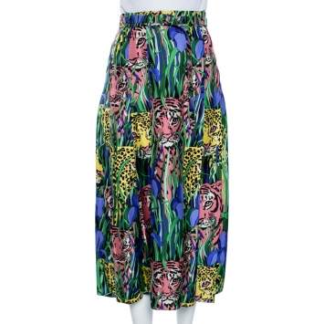 Pre Owned Gucci Multicolor Feline Garden Printed Silk Pleated Midi Skirt M