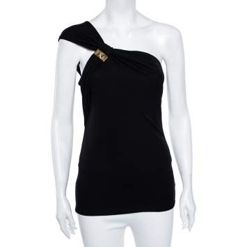Pre Owned Gucci Black Knit Metal Embellished One Shoulder Top M