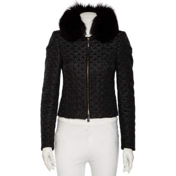 Pre Owned Gucci Black Jacquard Fur Collar Zip Front Jacket S