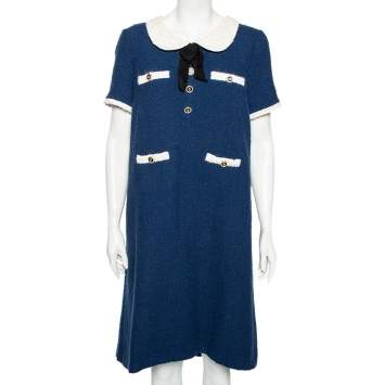 Pre Owned Gucci Blue & White Trimmed Tweed Bow Detailed Dress L