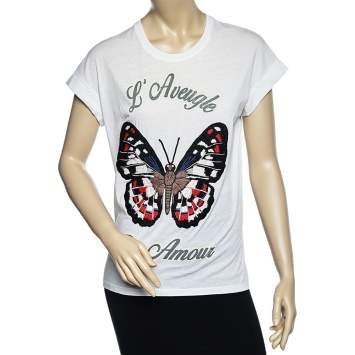 Pre Owned Gucci White Cotton Butterfly Embroidered T-Shirt S