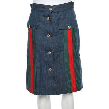 Pre Owned Gucci Blue Denim Web Stripe Trim Detail A-Line Skirt M