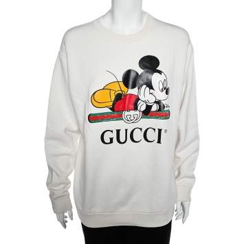 Pre Owned Gucci X Disney White Mickey Logo Printed Crewneck Sweatshirt M