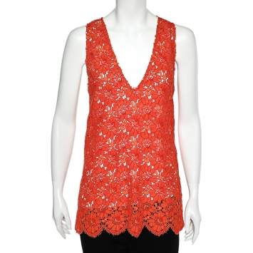 Pre Owned Gucci Orange Lace Plunge Neck Sleeveless Top S