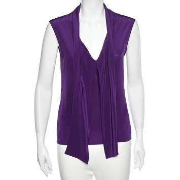Pre Owned Gucci Purple Silk Neck Tie Detail Sleeveless Top S
