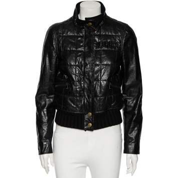 Pre Owned Gucci Black Leather & Wool Trimmed Bomber Jacket M