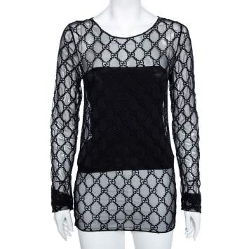 Pre Owned Gucci Black GG Embroidered Tulle Long Sleeve Top S