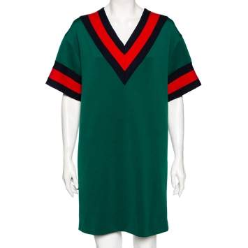 Pre Owned Gucci Green Jersey Web Stripe Trimmed Varsity Mini Dress M 