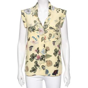 Pre Owned Gucci Yellow Floral Printed Silk Pocketed Shirt M