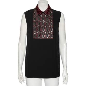 Pre Owned Gucci Black Crepe & Embellished Wool Paneled Sleeveless Top M