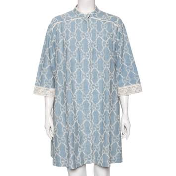 Pre Owned Gucci Blue GG Patterned Eyelet Chambray & Lace Trim Detail Shirt Dress L