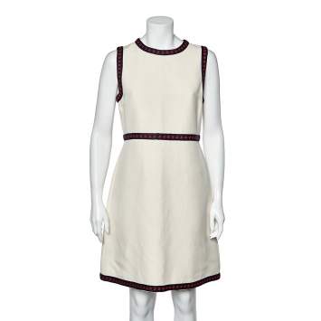 Pre Owned Gucci Cream Cotton Blend Knit Trim Detailed Dress M