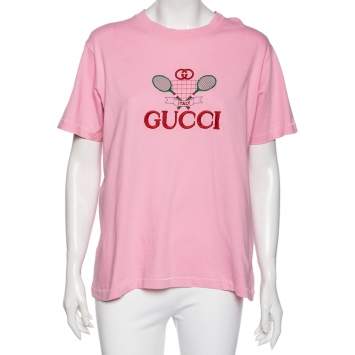 Pre Owned Gucci Pink Cotton Tennis Logo Embroidered Crewneck T-Shirt L