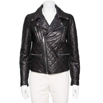 Pre Owned Gucci Black Leather Logo Embellished Zip Front Biker Jacket S