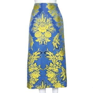 Pre Owned Gucci Blue & Yellow Floral Jacquard Midi Skirt M