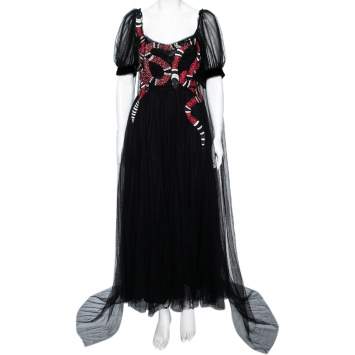 Pre Owned Gucci Black Tulle Embroidered Snake Embellished Gown L