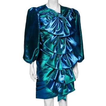 Pre Owned Gucci Blue Lurex Balloon Sleeve Detailed Bow Dress M