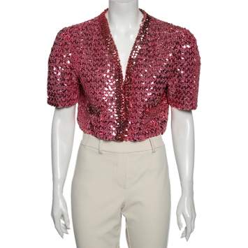 Pre Owned Gucci Pink Lamé & Sequin Embellished Cropped Jacket XXL
