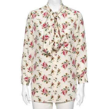 Pre Owned Gucci Cream Rose Printed Silk Neck Tie Detail Button Front Shirt M