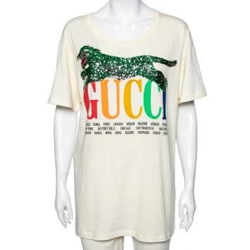 Pre Owned Gucci Cream City Logo Printed Cotton Sequin Tiger Applique Detailed T-Shirt M 