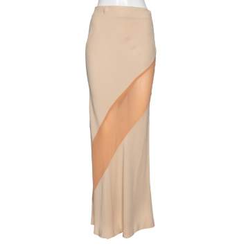 Pre Owned Gucci Vintage Cream Crepe & Contrast Silk Paneled Maxi Skirt M