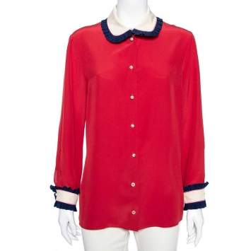 Pre Owned Gucci Red Silk Ruffle Contrast Trim Shirt L