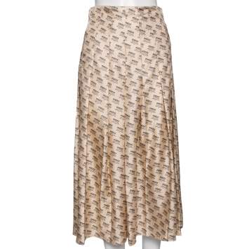 Pre Owned Gucci Beige Invite Stamp Print Silk Pleated Midi Skirt S