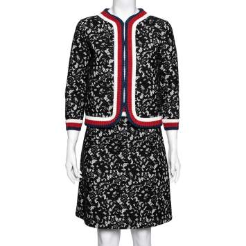 Pre Owned Gucci Black Lace Web Stripe Trimmed Scuba Sartorial Jacket & Skirt Set S/M