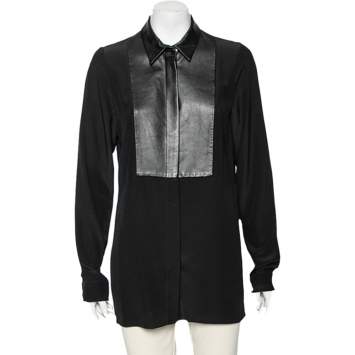 Pre Owned Gucci Black Silk & Leather Paneled Button Front Shirt M