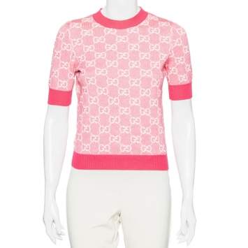 Pre Owned Gucci Pink Logo Jacquard Wool & Silk Sweater XS