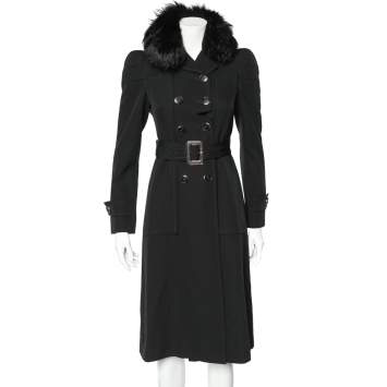 Pre Owned Gucci Black Wool Crepe fur Collar Detail Belted trench Coat S