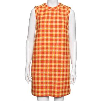 Pre Owned Gucci Orange/Yellow Tweed Checkered Shift Dress S