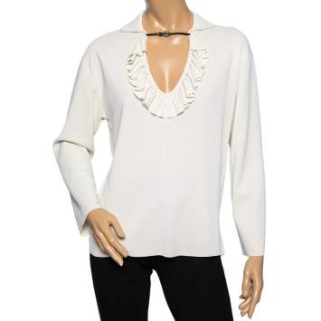 Pre Owned Gucci Ivory Stretch Knit Ruffle Detailed Front Long Sleeves Top S