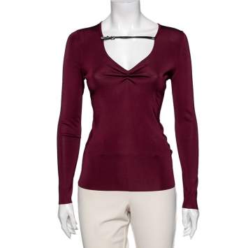 Pre Owned Gucci Burgundy Jersey Leather Strap Detail V-Neck Top M