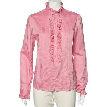 Pre Owned Gucci Pink Cotton Blend Ruffled Button Front Shirt M