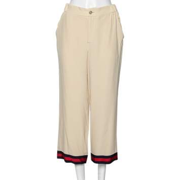 Pre Owned Gucci Light Beige Silk Web Stripe Trimmed Wide Leg Pants M