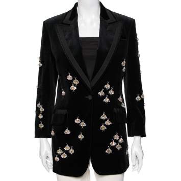 Pre Owned Gucci Black Velvet Crystal Bee Embellished Single Breasted Blazer M
