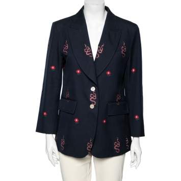 Pre Owned Gucci Navy Blue Snake & Floral Embroidered Wool Single Breasted Blazer L