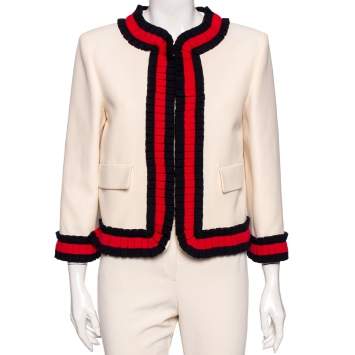 Pre Owned Gucci Cream Silk and Cotton Blend Cropped Web Trim Jacket L