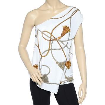 Pre Owned Gucci White Tassel Printed Jersey One Shoulder Top S