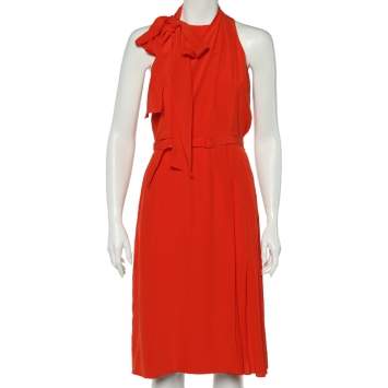 Pre Owned Gucci Orange Silk Neck Tie Detail Belted Midi Dress M