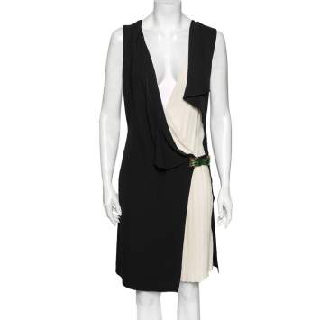 Pre Owned Gucci Black & Ivory Silk Pleated Detail Layered Draped Dress M